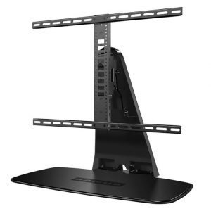 Black desk-mounted monitor stand with vertical perforated rail and two extending horizontal rails, on a curved base.