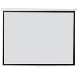 Wall-mounted manual pull-down projector screen with white surface and black border.