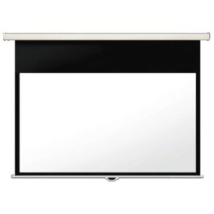 Manual pull-down projector screen with white viewing surface, black border, and silver roller bar.