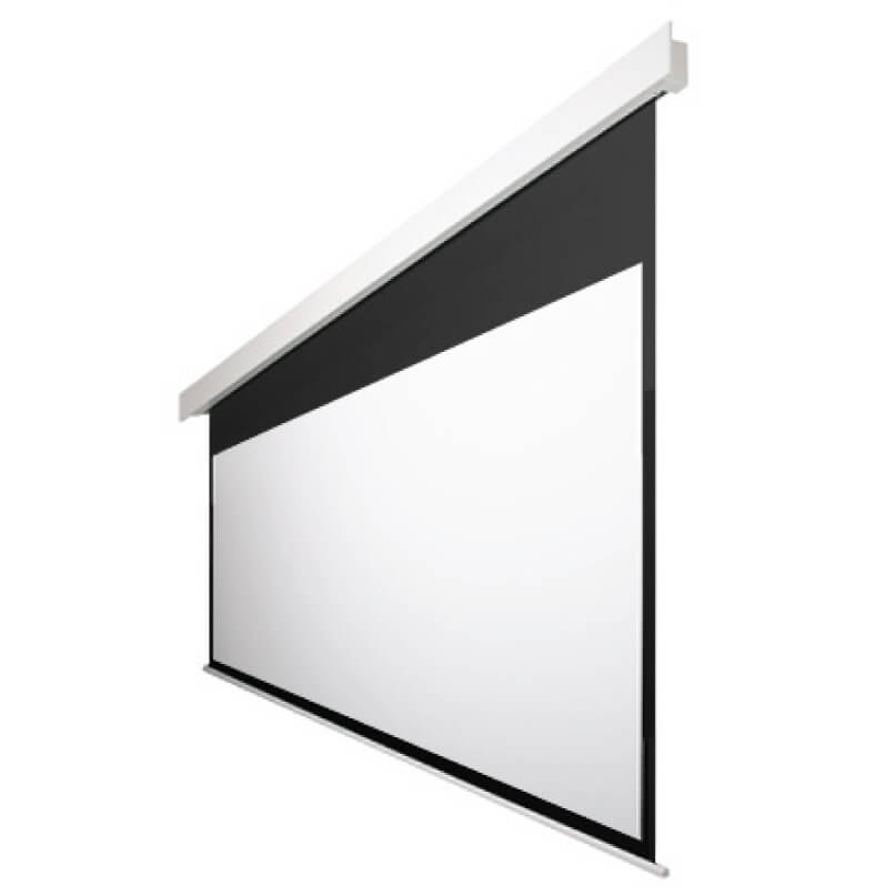 Revtek Rt110Wmot169 Projection Screen Ceiling-mounted pull-down projector screen with white surface and black border.
