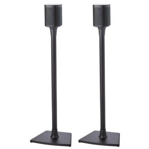 Pair of black floor-standing speakers mounted on tall stands with square bases.
