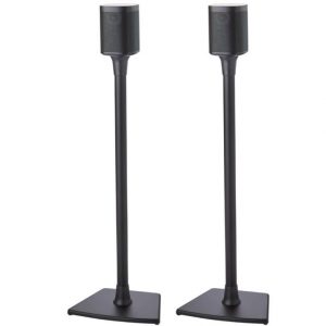 Pair of black speaker stands with small top speakers on square bases