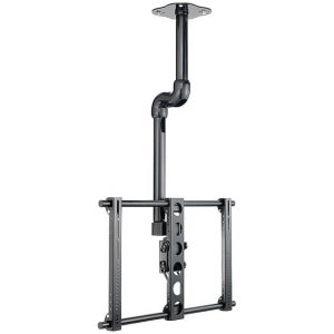 Ceiling-mounted adjustable monitor mount with central post and dual uprights for VESA mounting.