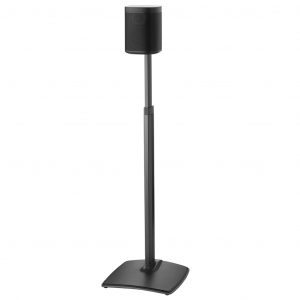 Tall floor-standing speaker on adjustable-height metal stand with black perforated grille