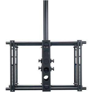 Black steel camera mounting rig with a central vertical post, two side mounting rails, and adjustment knobs.