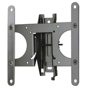 Adjustable wall-mount bracket for flat-screen TV with dual vertical mounting rails and central tilt mechanism