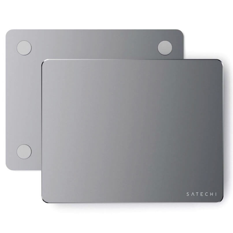 Satechi Aluminium Mouse Pad Satechi external ssd enclosure in brushed gray aluminum with rounded corners.