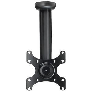 Ceiling-mounted flat-panel TV monitor mount with black vertical pole and VESA mounting plate.
