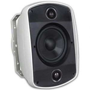 White wall-mounted speaker with black front panel, large central woofer and two small dome drivers.