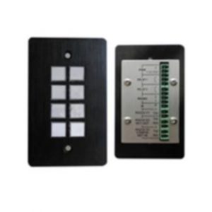 Two black electronic panels: left six-button switch plate, right metal back with green terminal block.