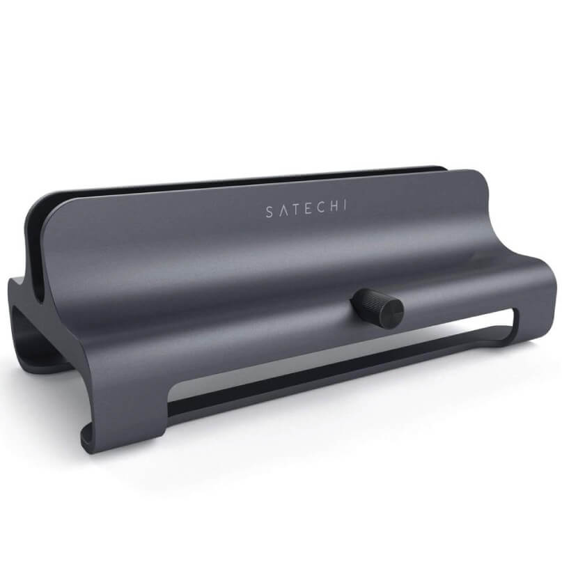 Satechi Universal Vertical Laptop Stand Satechi aluminum laptop stand with curved back support and an adjustment knob.