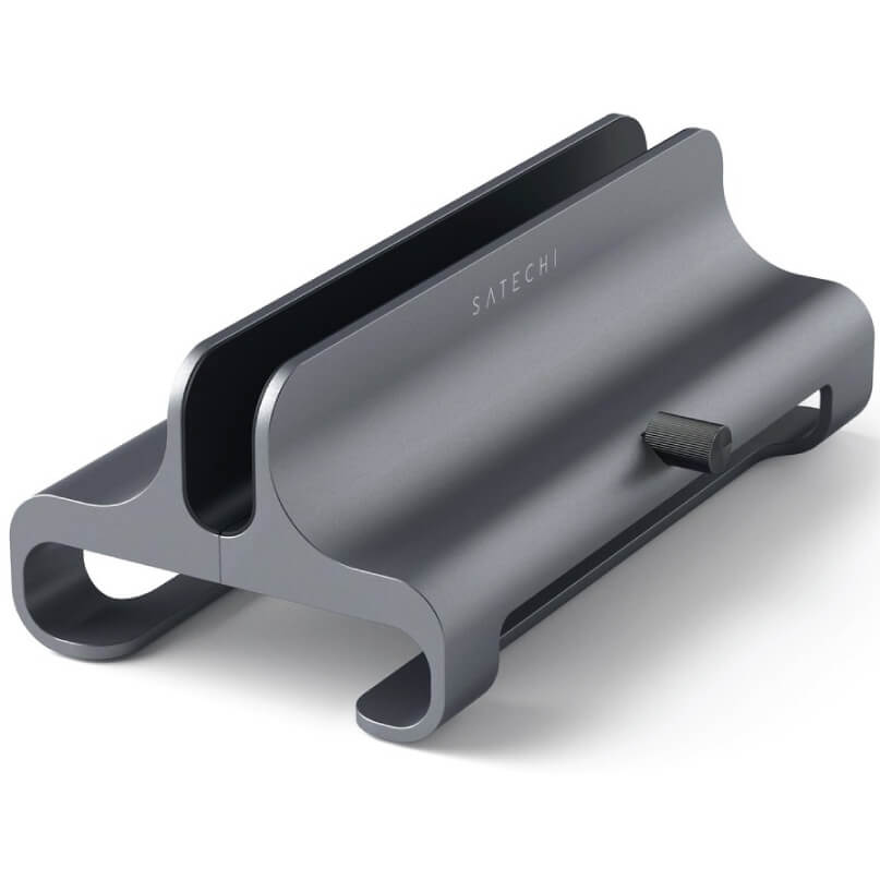 Satechi Universal Vertical Laptop Stand Satechi aluminum laptop stand with matte gray finish and side cradle supports.