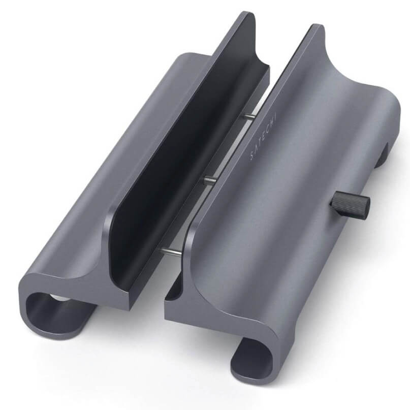 Satechi Universal Vertical Laptop Stand Two-part gray aluminum clamp with sliding insert and knurled adjustment knob.