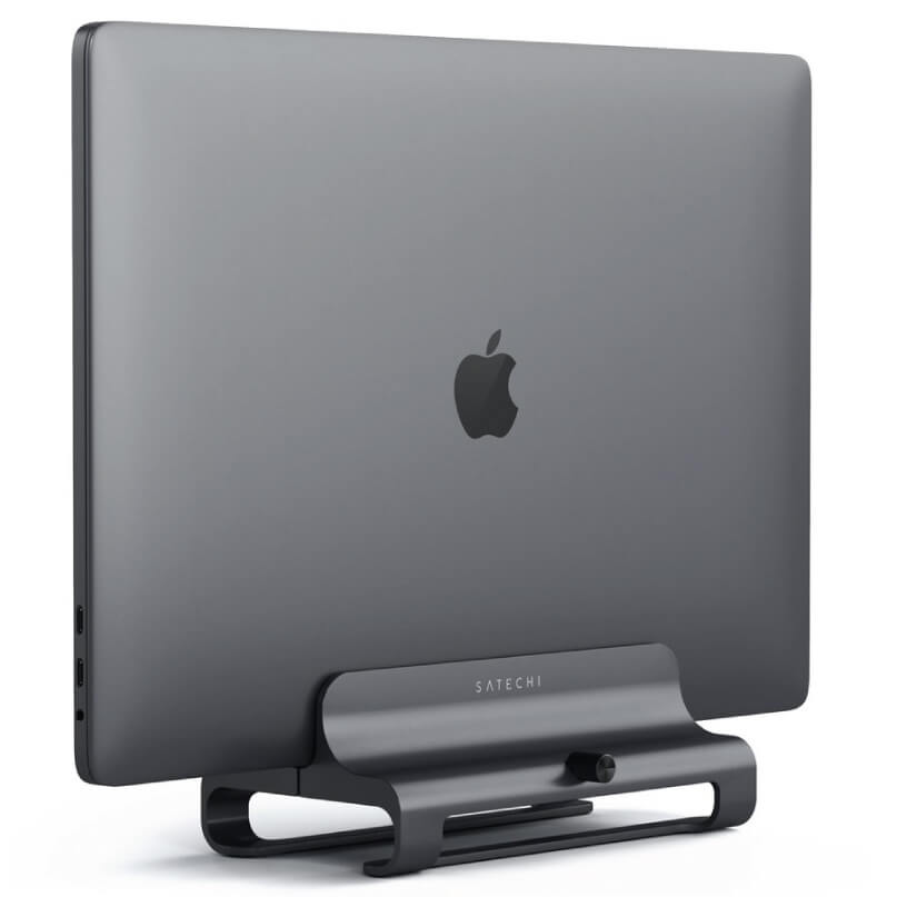 Satechi Universal Vertical Laptop Stand Apple macbook in space gray on a satechi aluminum stand.