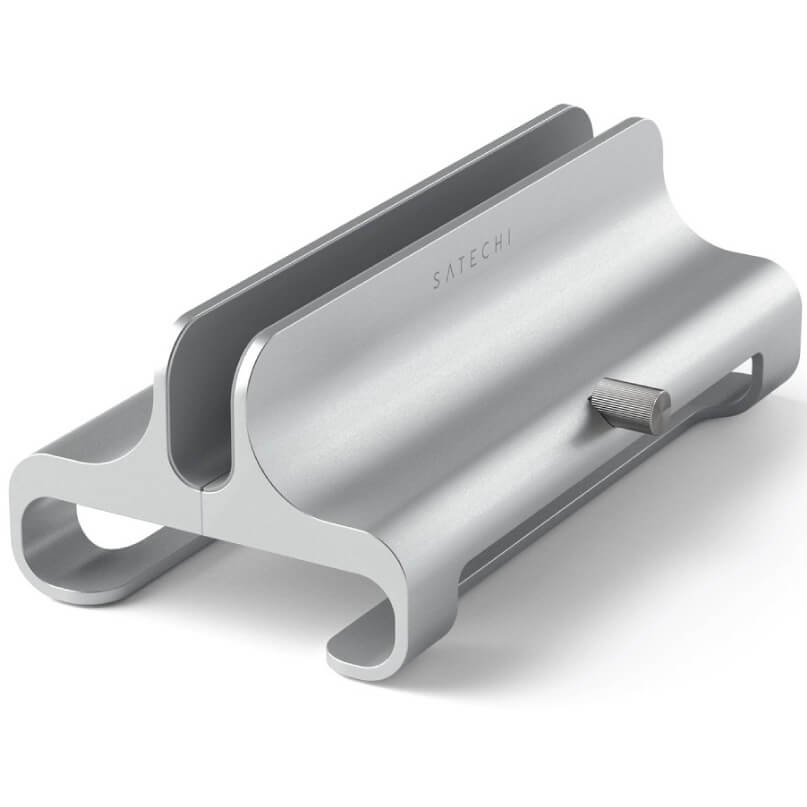 Satechi Universal Vertical Laptop Stand Satechi silver clamp-style desk accessory with a sliding rail, rounded ends, and a knurled adjustment knob