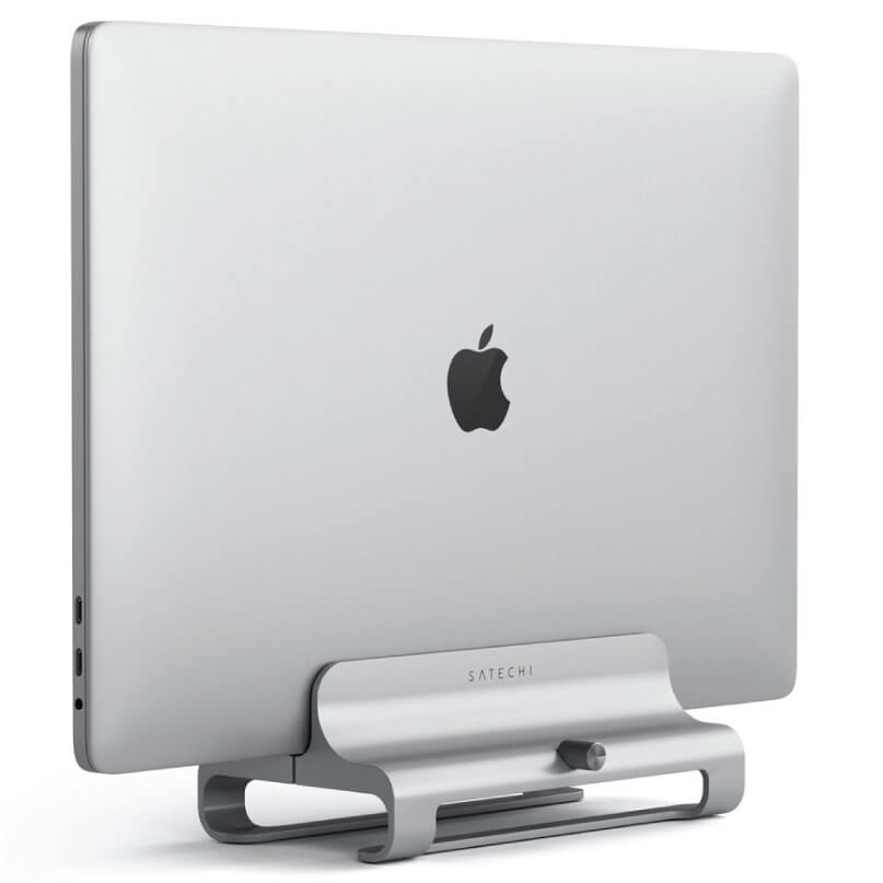 Satechi Universal Vertical Laptop Stand Apple imac desktop computer in silver aluminum with a satechi stand.