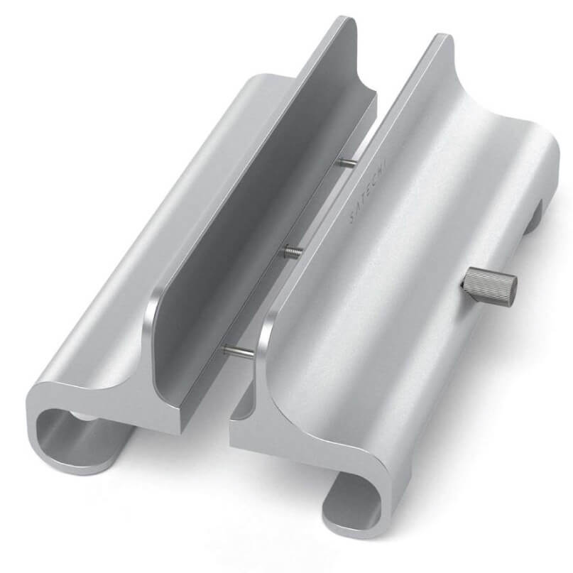 Satechi Universal Vertical Laptop Stand Two-piece aluminum rail clamp with curved channels and a knurled adjustment knob.