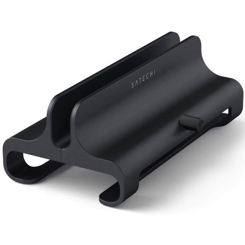 Satechi Universal Vertical Laptop Stand Satechi black aluminum adjustable phone and tablet stand with curved cradle and side knob.