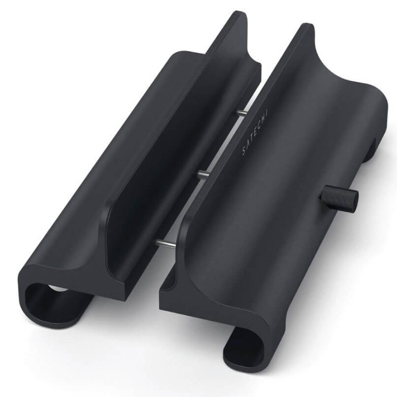 Satechi Universal Vertical Laptop Stand Satech two-slot clamp with central screw and adjustment knob, black metal.