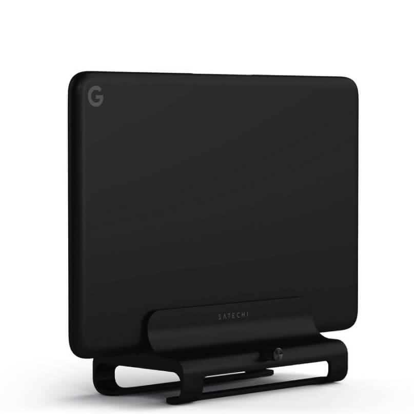 Satechi Universal Vertical Laptop Stand Black square streaming device mounted on a curved satechi stand with a faint g logo in the top-left corner
