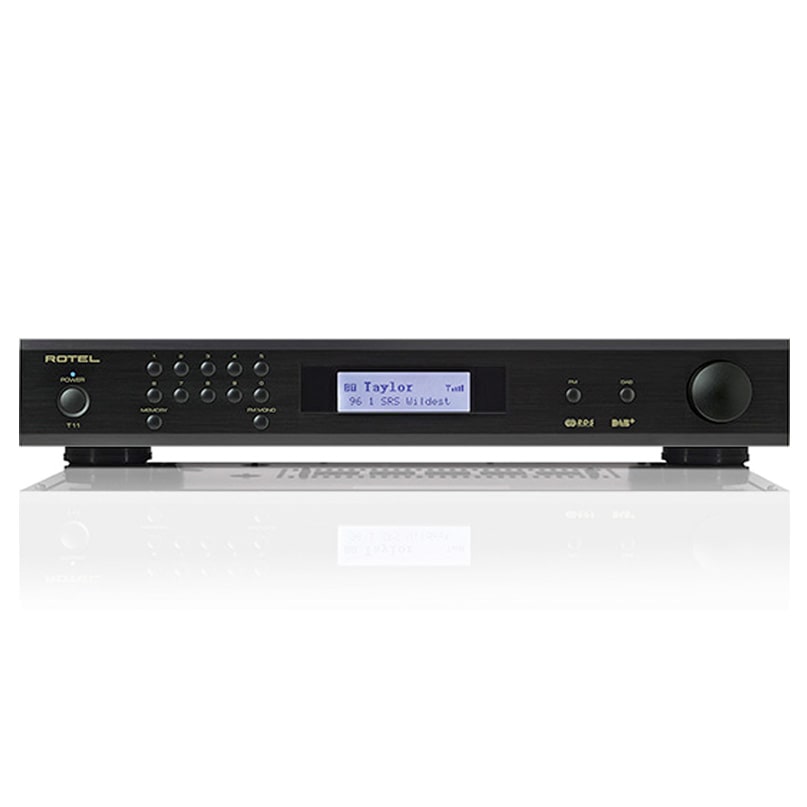 Rotel T11 Digital Radio Tuner Rotel stereo receiver with black front, center lcd display, multiple controls, and a large right-side volume knob.