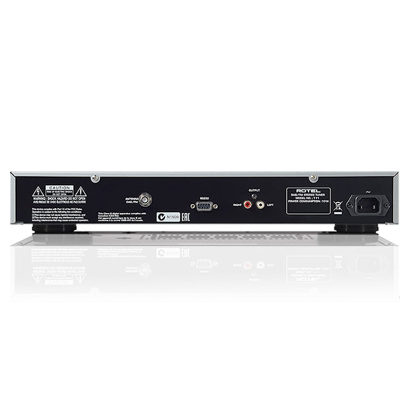 Rotel T11 Digital Radio Tuner Rotel stereo power amplifier rear panel with analog inputs, rca outputs, and iec power inlet.
