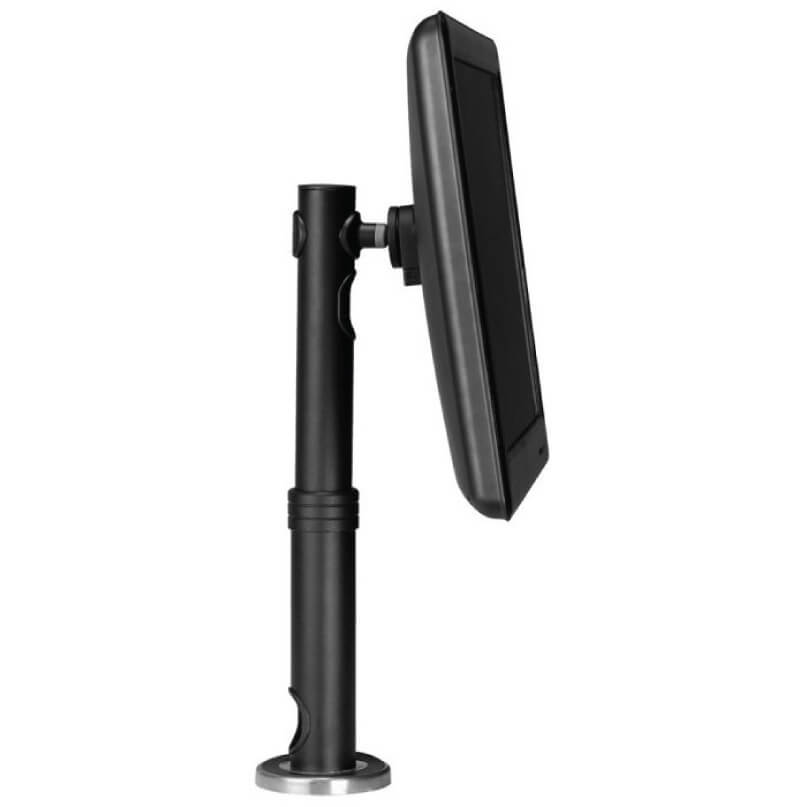 Spacedec Sd-Pos-Ha Mount Adjustable tablet stand with clamp mount supporting a black tablet in landscape orientation.