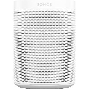 Sonos wireless speaker with a tall white perforated metal grille and the SONOS logo on the top band.