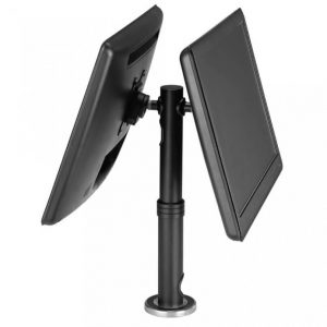 Adjustable dual-tablet display stand with a vertical central pole and two mounted tablets.