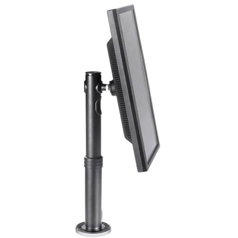 Spacedec Sd-Pos-Ha-D Dual Display Desk Lcd/Led Monitor/Small Tv Mount Flat-screen monitor mounted on a black tilt-adjustable articulating arm with vertical pole and round base.