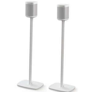 Pair of white compact speakers mounted on tall slender stands with curved bases.