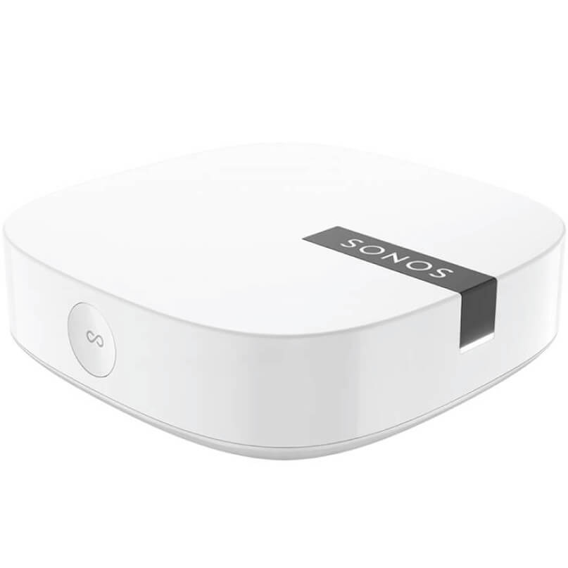 Sonos Boost: Unparalleled Wireless Reliability White sonos c5 wireless speaker with a rounded-square body and a front circular c5 button.