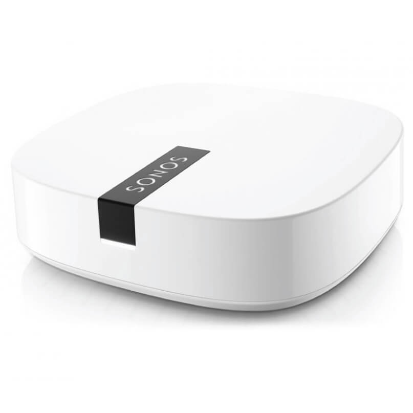 Sonos Boost: Unparalleled Wireless Reliability Sonos white wireless speaker with a black logo strip on top.