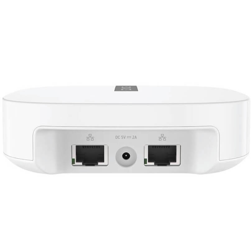 Sonos Boost: Unparalleled Wireless Reliability White router with two ethernet ports and a dc power input.
