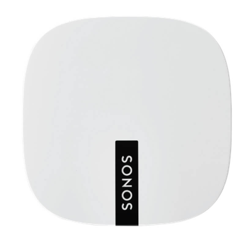 Sonos Boost: Unparalleled Wireless Reliability White rounded-square wireless speaker with a vertical black sonos logo strip.