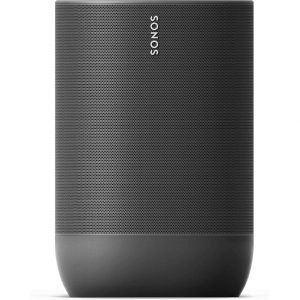 Sonos wireless speaker with a dark perforated metal grille and rounded base.
