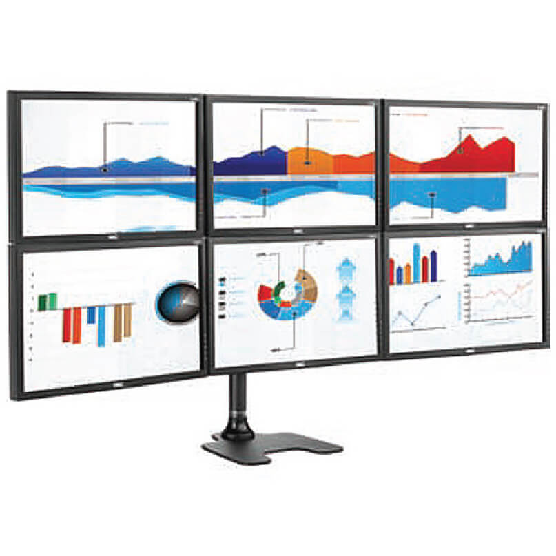 Spacedec Sd-Fs-H Six Display Lcd/Led Monitor Mount Six-monitor desktop setup on a shared stand displaying charts and graphs.