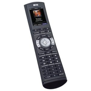 Universal remote control with color display, many buttons, and a circular navigation pad.