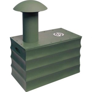 Olive green metal outdoor wood-burning stove with a ribbed body and a tall exhaust stack topped by a mushroom cap.