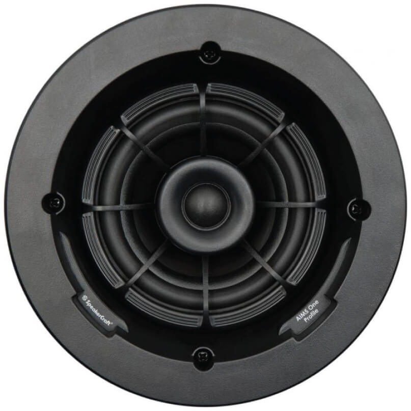 Speakercraft Sub-8.2Bas In-Ceiling/Wall Subwoofer Round black loudspeaker with central dome, protective grille, and visible mounting screws.