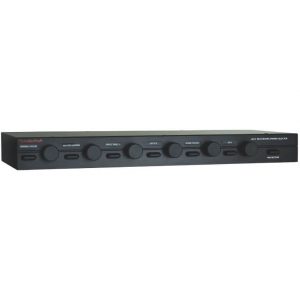 SpeakerCraft SAC multiroom speaker selector rackmount with eight labeled room knobs.