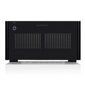 Interdyn Rotel black stereo amplifier with dual vent slots and blue power button.