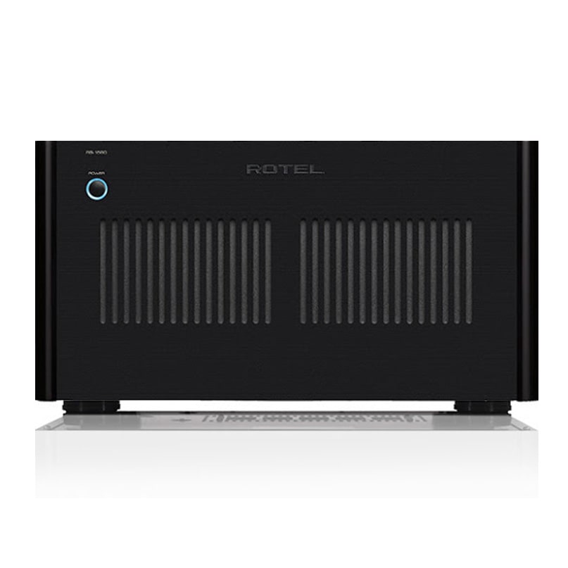Rotel Rb-1590 Stereo Power Amplifier Rotel black stereo amplifier with dual vent slots and blue power button.