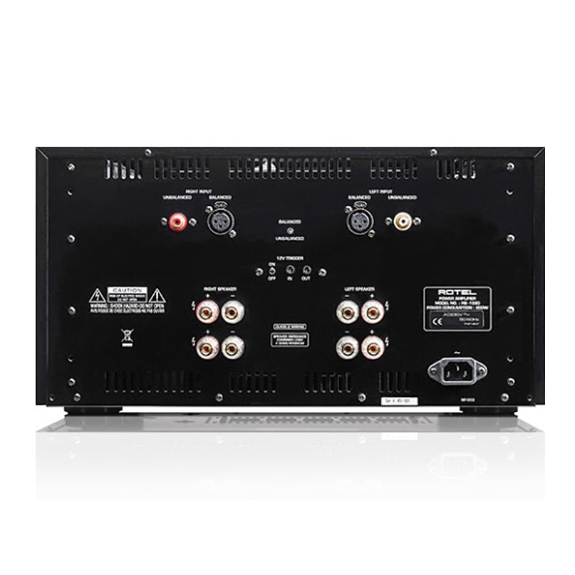 Rotel Rb-1590 Stereo Power Amplifier Rotel power amplifier back panel with speaker binding posts and various input/output connectors.