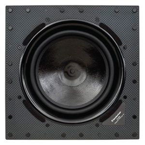 Square black subwoofer enclosure with a large circular woofer and textured surface, featuring visible mounting screws around the frame.
