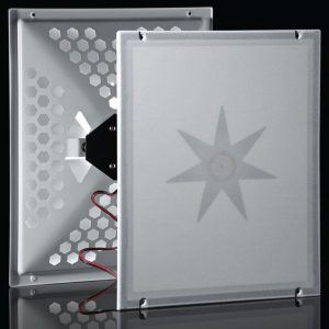 Metal electronic enclosure with hexagonal ventilation and red and black power wires, front panel bearing a star emblem.