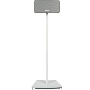 Tall white floor-standing speaker on a slim white pole stand with a gray perforated grille.