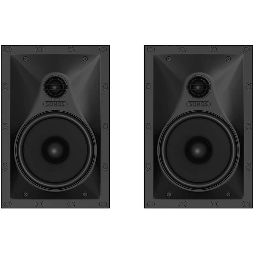Sonos In-Wall Speaker (Pair) Pair of black sonos bookshelf speakers with a large woofer and circular top tweeter on the front panels.