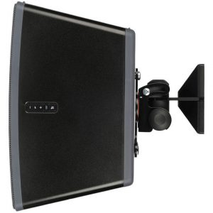 Flat-screen computer monitor with black display and gray bezel mounted on an adjustable wall-mount arm.