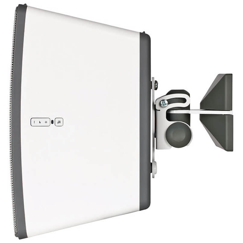 Sonos Play:3 Tilt/Swivel Bracket - White Or Black White rectangular panel device with dark gray trim, attached to adjustable metal mounting arm and wall bracket.